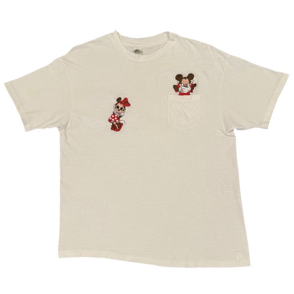 Vintage 90s Disney Mickey Minnie Pocket T Shirt Too Cute Guetta Bros USA Made L